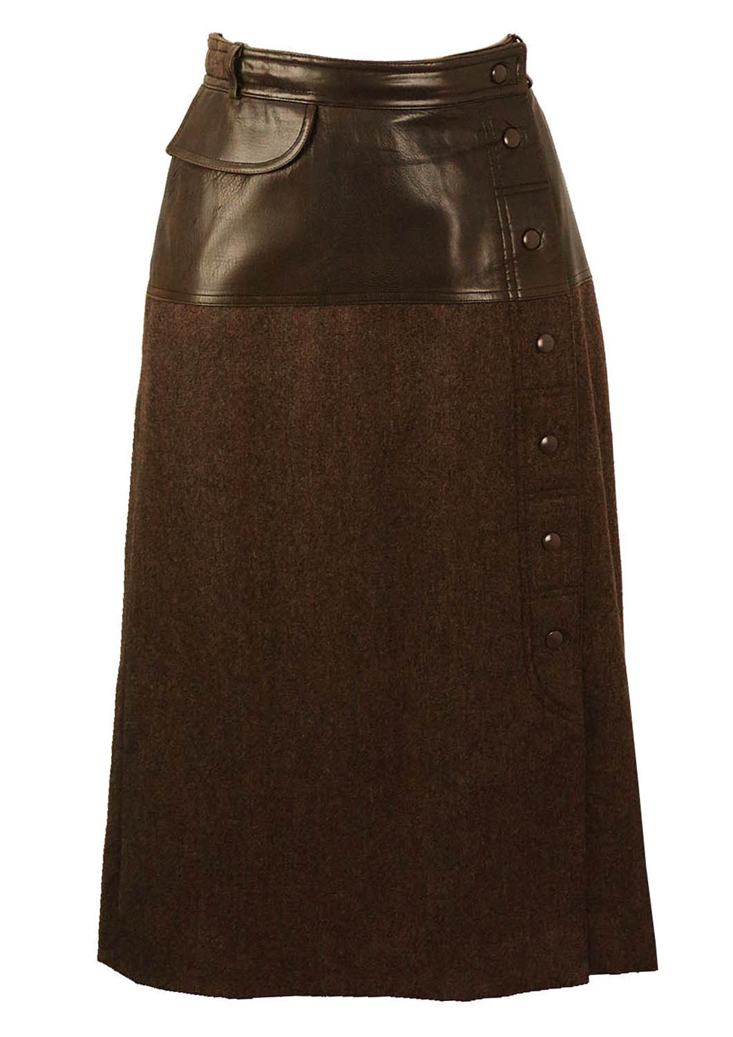 Escada Leather & Pure New Wool Brown Skirt - S/M | Reign Vintage