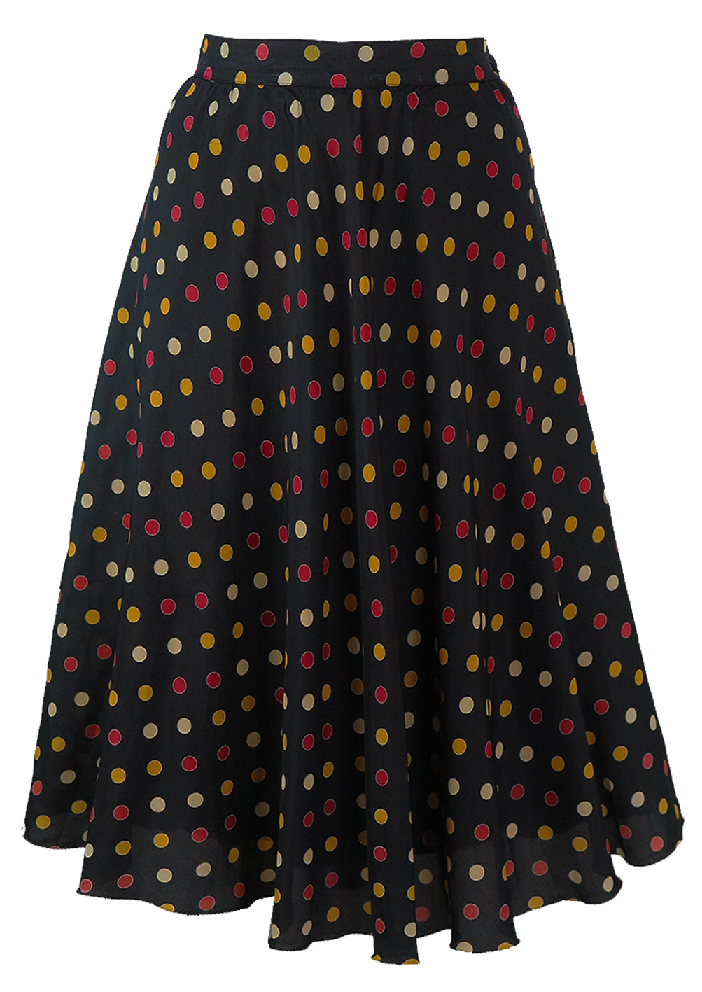 Black Midi Length Flared Skirt with Polka Dot Pattern - S/M | Reign Vintage