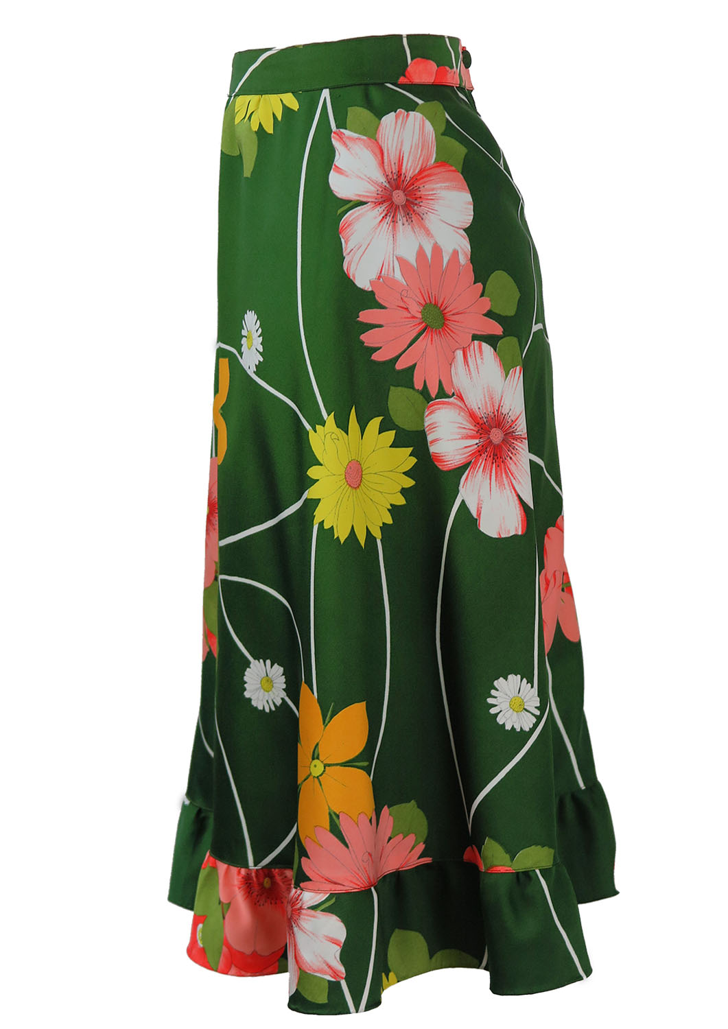Green Flared Knee Length Skirt with Floral Pattern - S | Reign Vintage