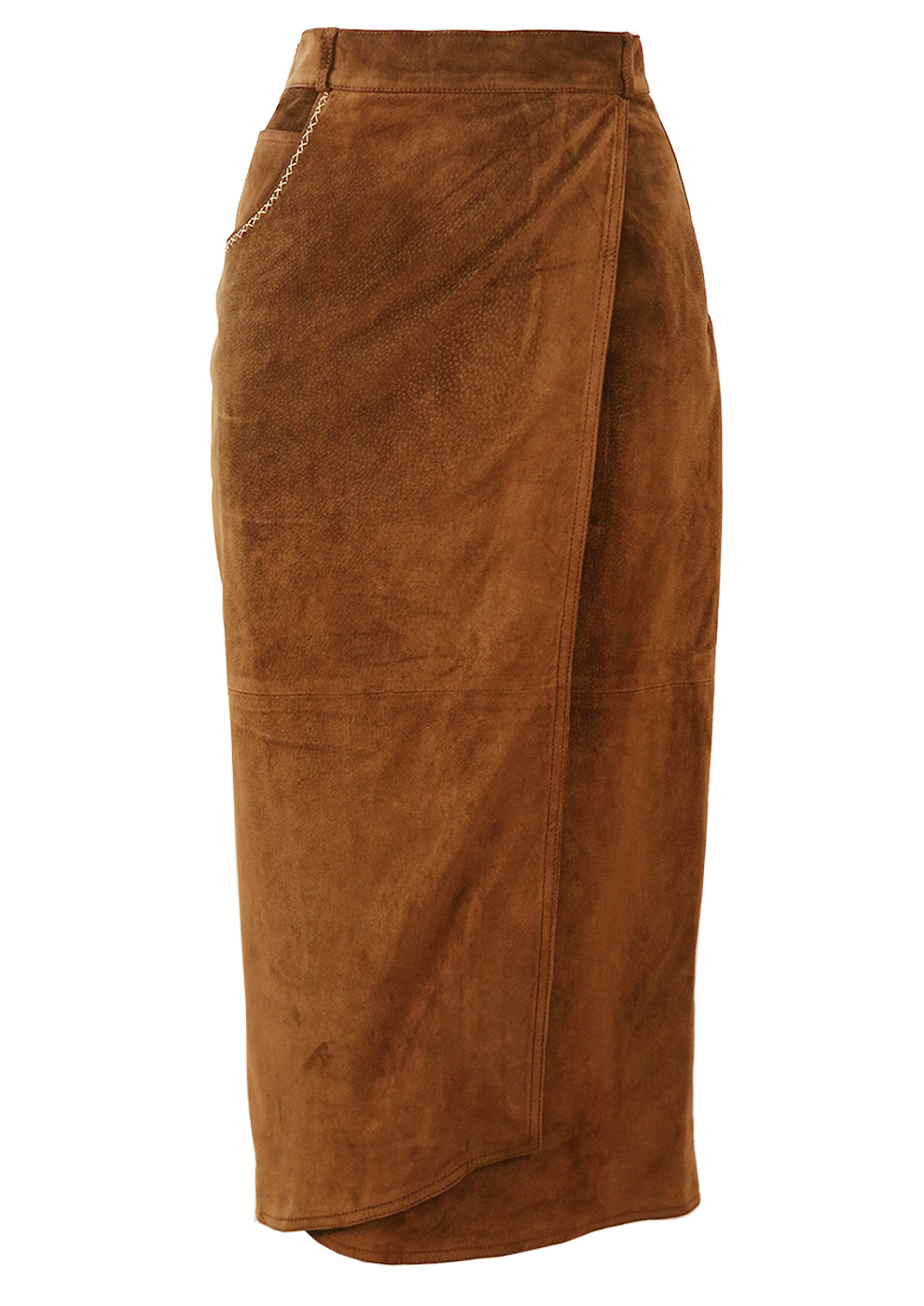 Brown Midi Length Suede Skirt with Asymmetric Wrap Front - S | Reign ...