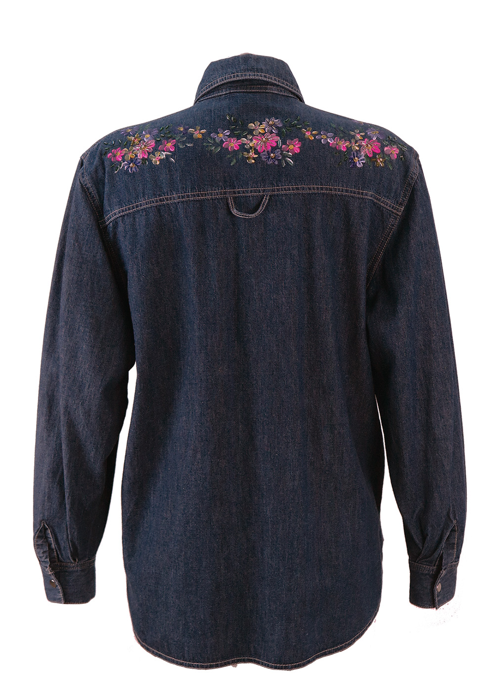 Dark Blue Denim Shirt with Painted Floral Pattern - M/L | Reign Vintage