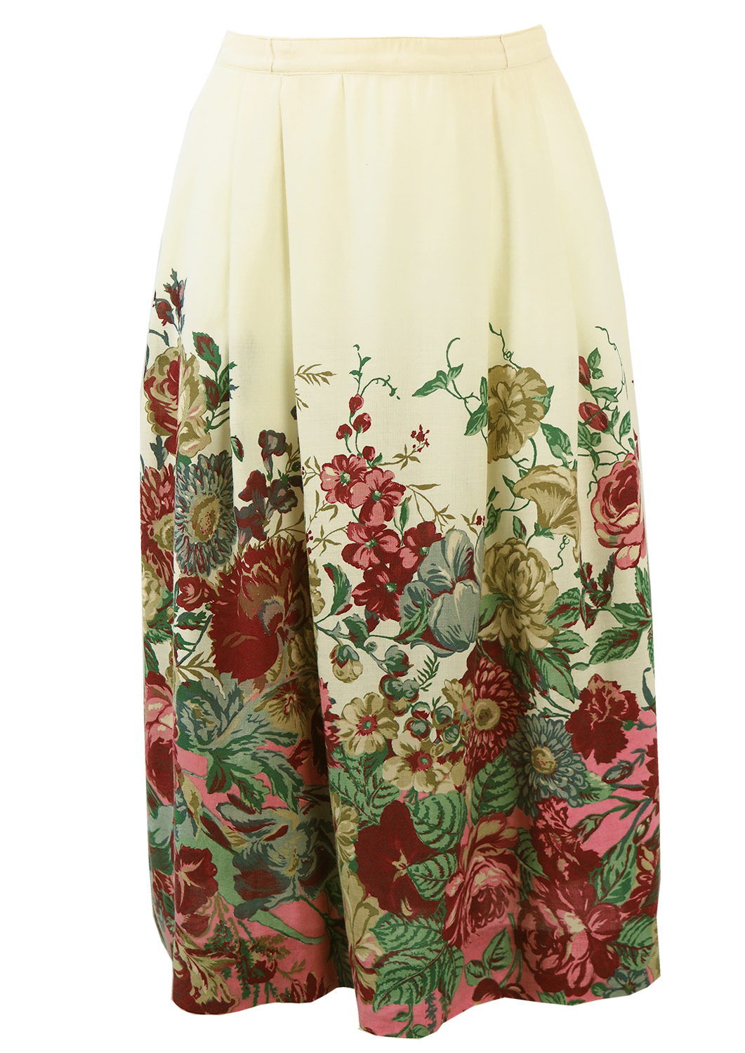 Cream Midi Length Flared Skirt with Floral Pattern - M | Reign Vintage