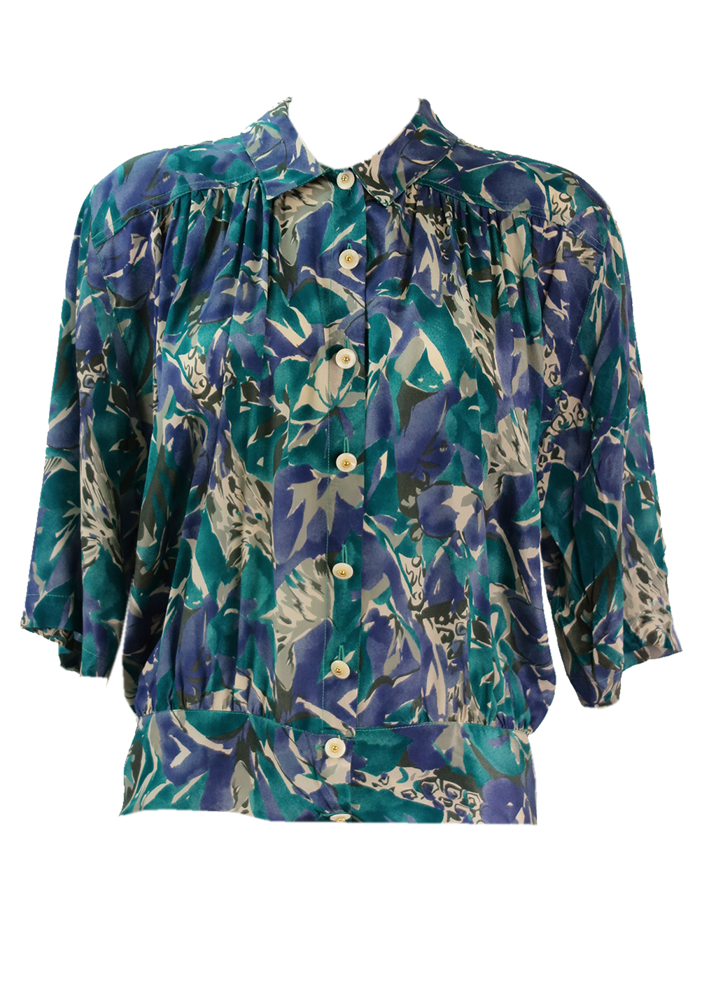 Short Sleeved Teal, Purple & Cream Floral Print Blouse - XL | Reign Vintage