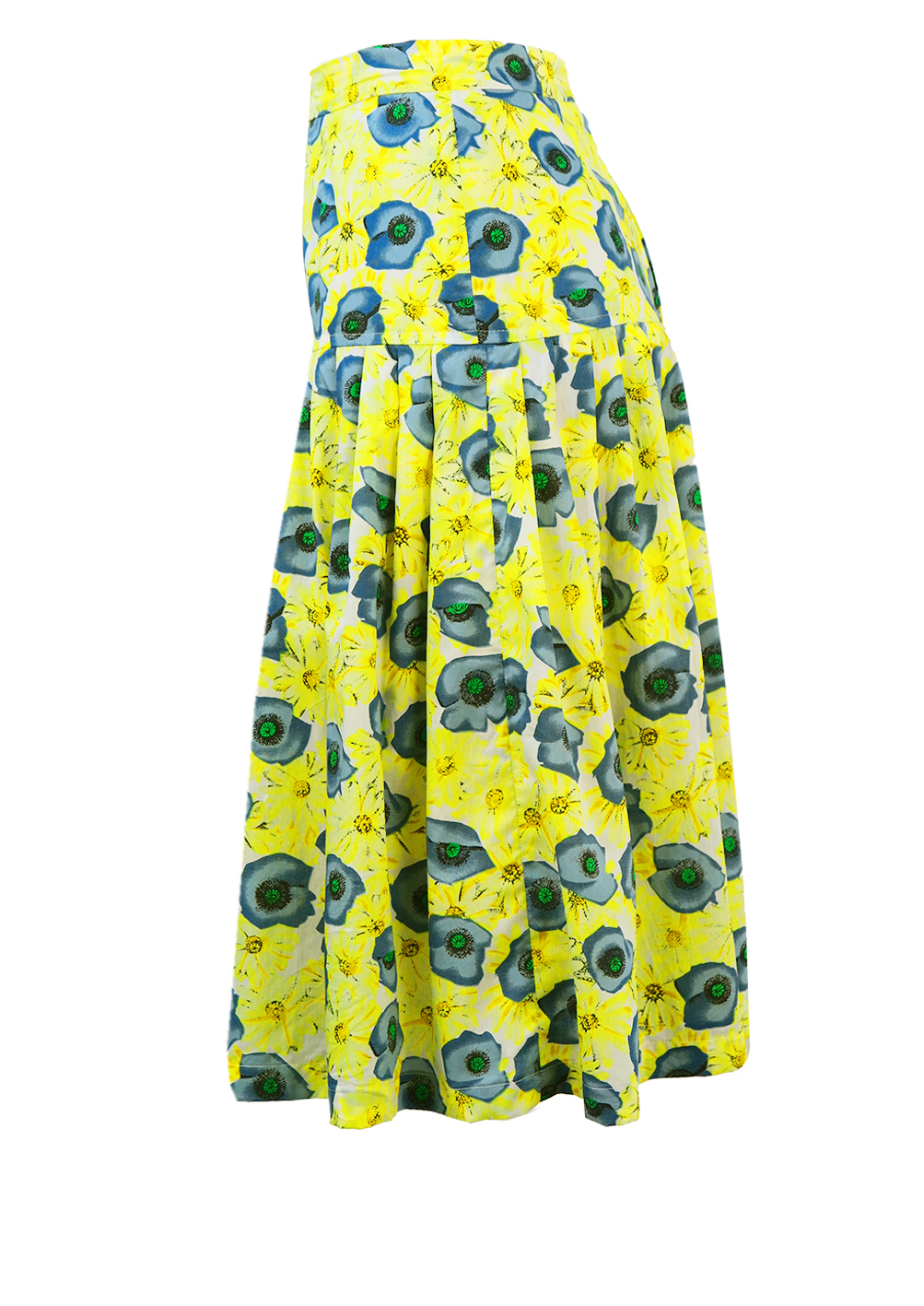 Yellow & Blue Floral Patterned Full Knee Length Skirt - S/M | Reign Vintage