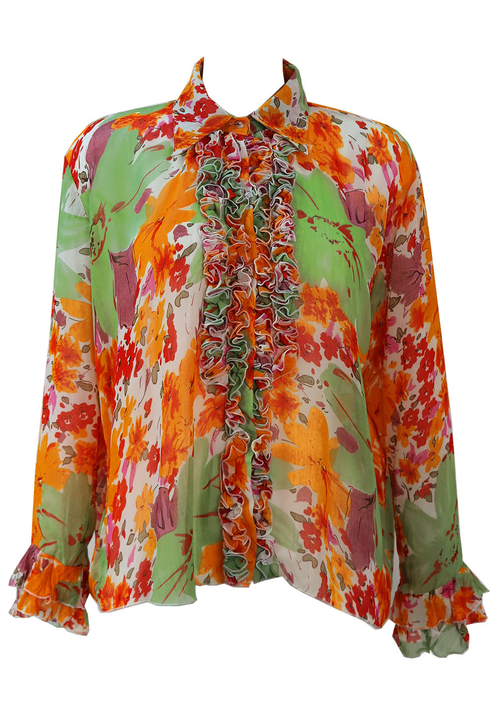 Semi Sheer Green & Orange Floral Blouse with Ruffle Detail - L/XL ...