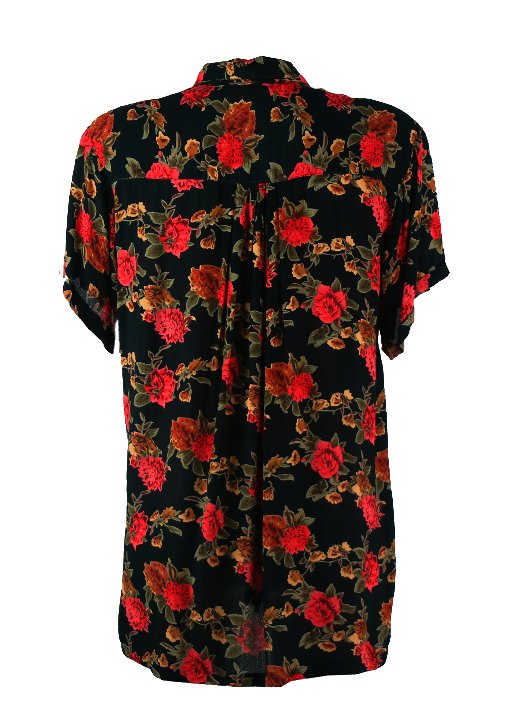 Semi-Sheer Oversize Black Short Sleeve Blouse with Red Rose Print - M/L ...