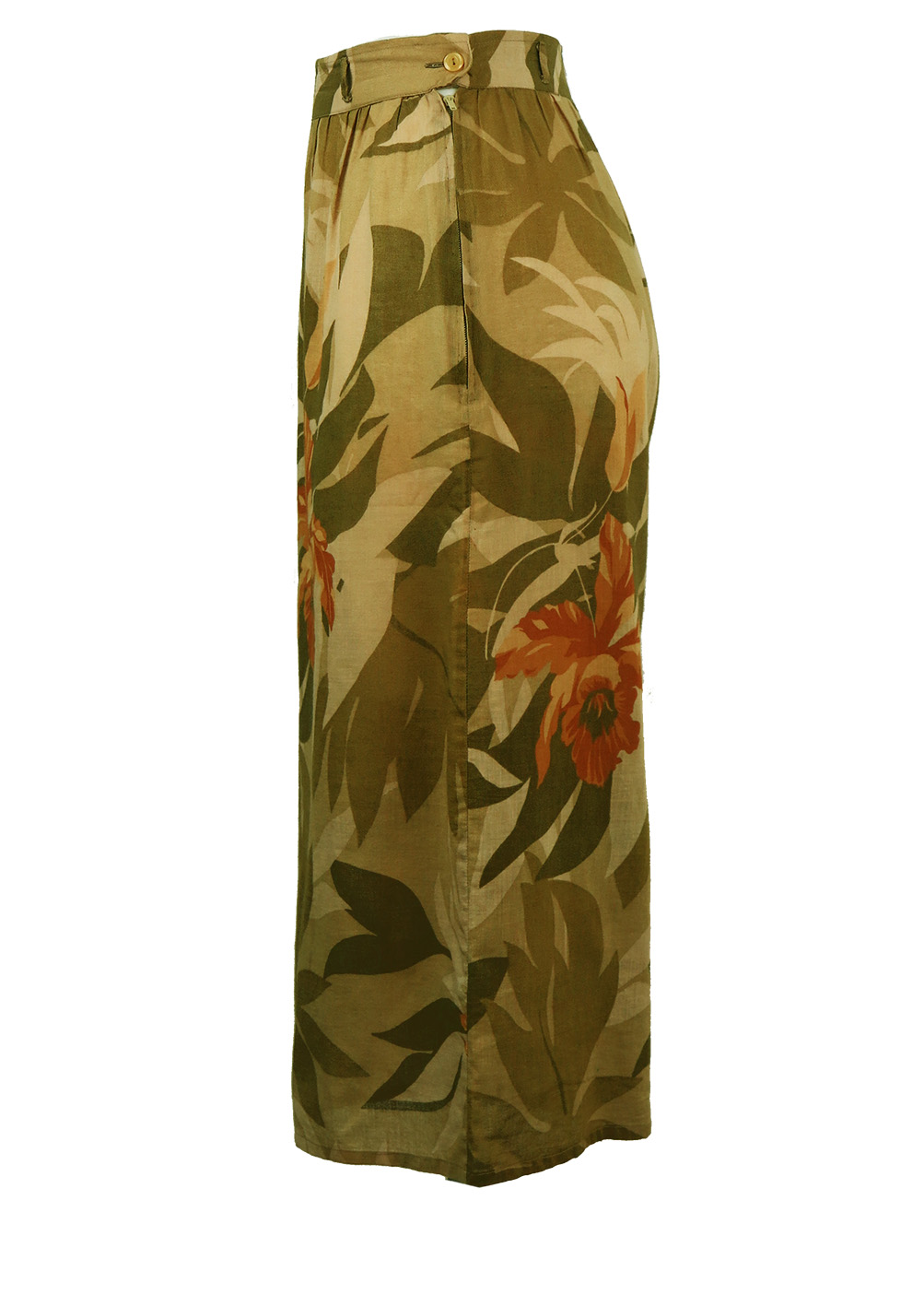 Khaki Tropical Print Midi Length Culottes – S/M – Reign Vintage