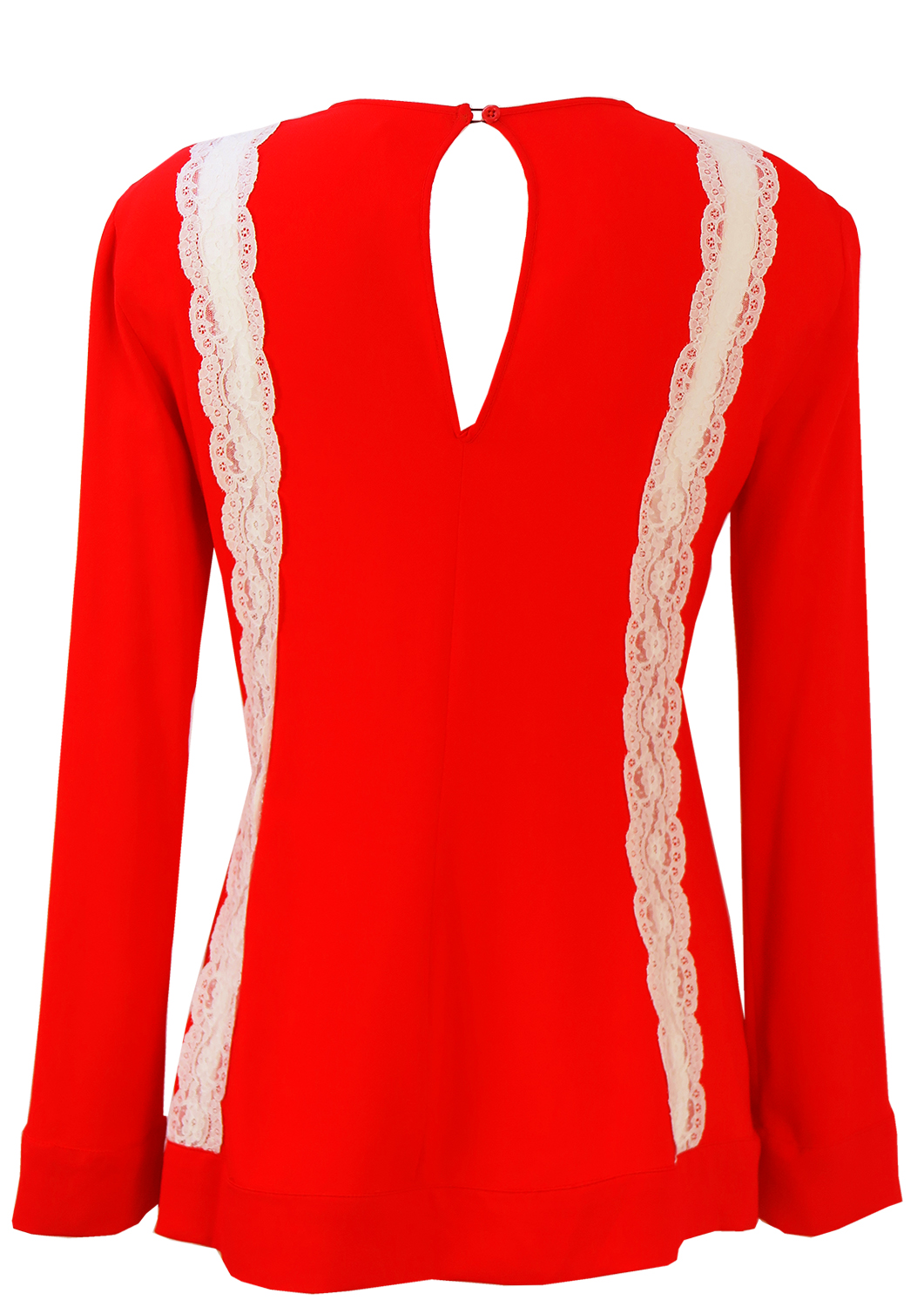 Red Long Sleeved Top with Striped White Lace Detail - M | Reign Vintage