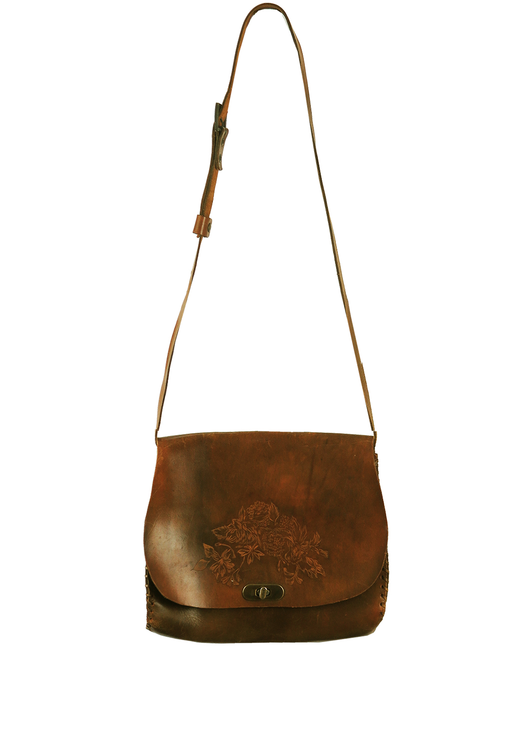 Brown Leather Shoulder Strap Saddle Bag with Engraved Floral Design – Reign Vintage