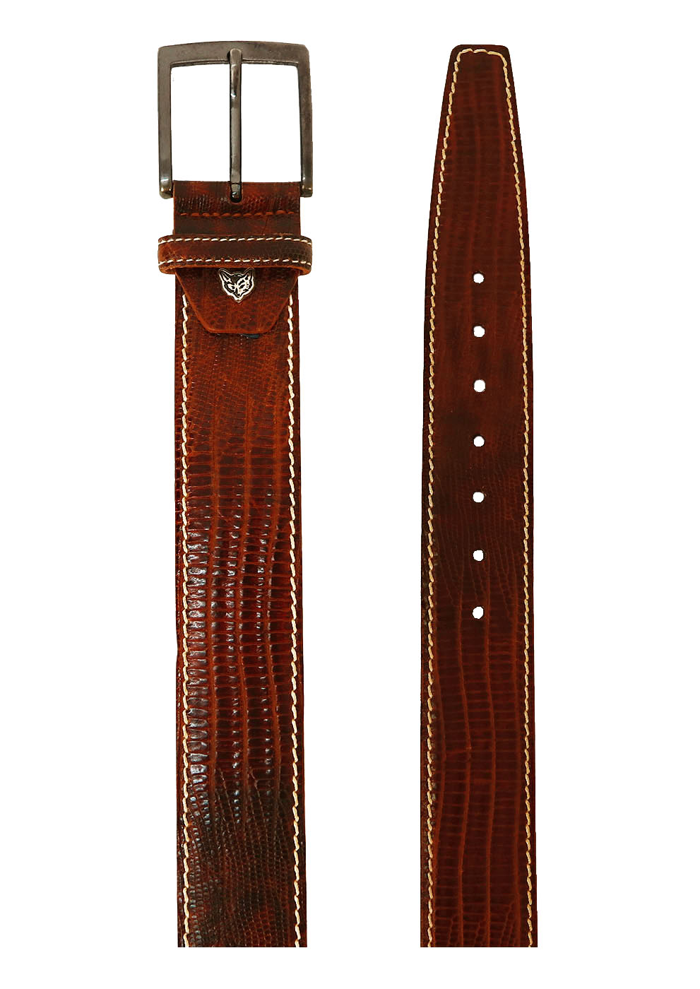 Tan Brown Patent Leather Belt with Snakeskin Style Design & White Stitching Detail – Reign Vintage