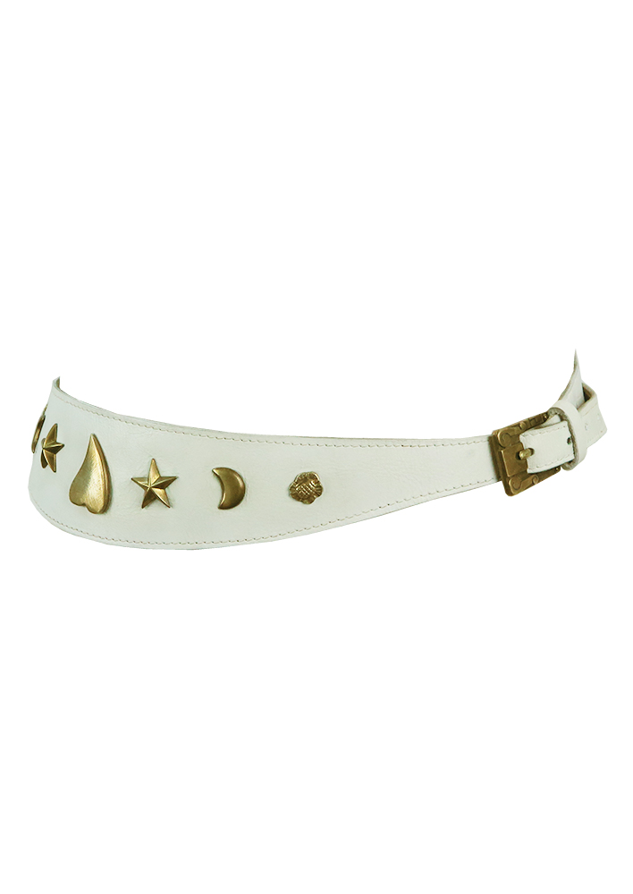 White Leather Belt with Double Buckle & Decorative Gold Motifs – Reign Vintage