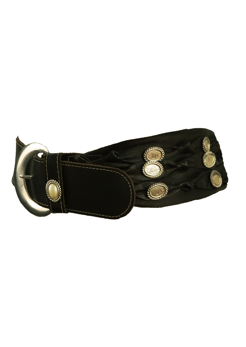 Black Leather Belt with Decorative Leather Strips & Silver Disc Embellishments – Reign Vintage
