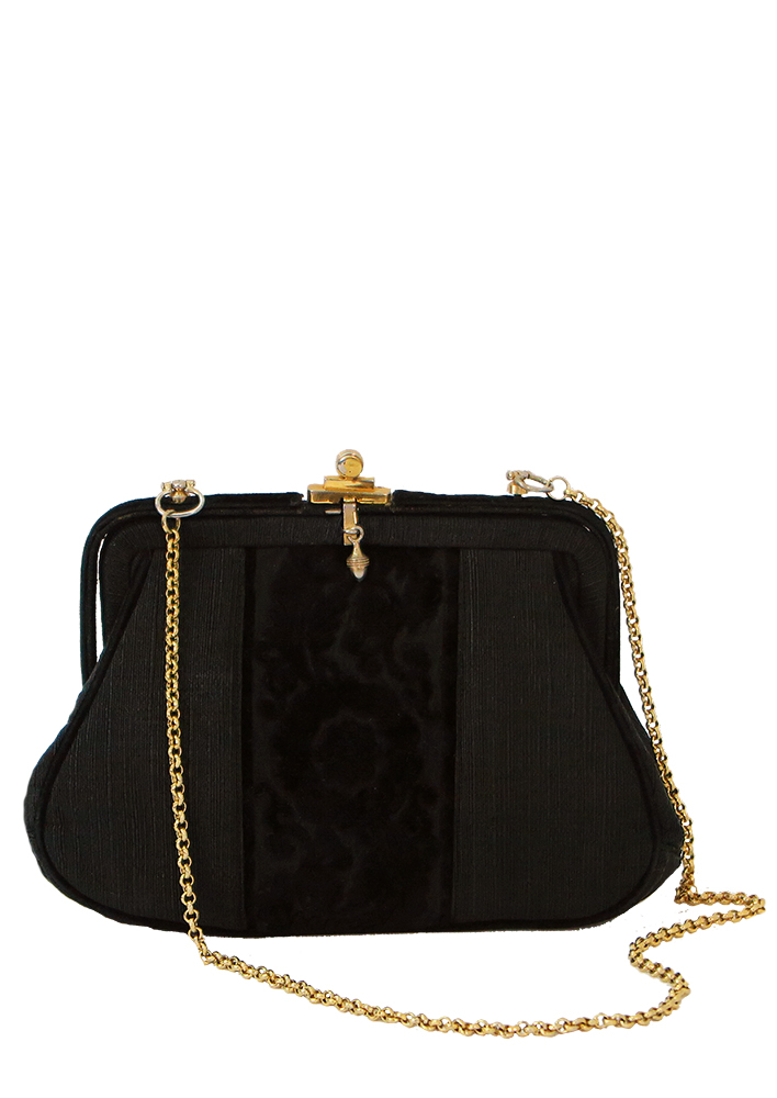Vintage 1960’s Black Flock Detail Bag with Decorative Gold Clasp & Chain Strap – Reign Vintage