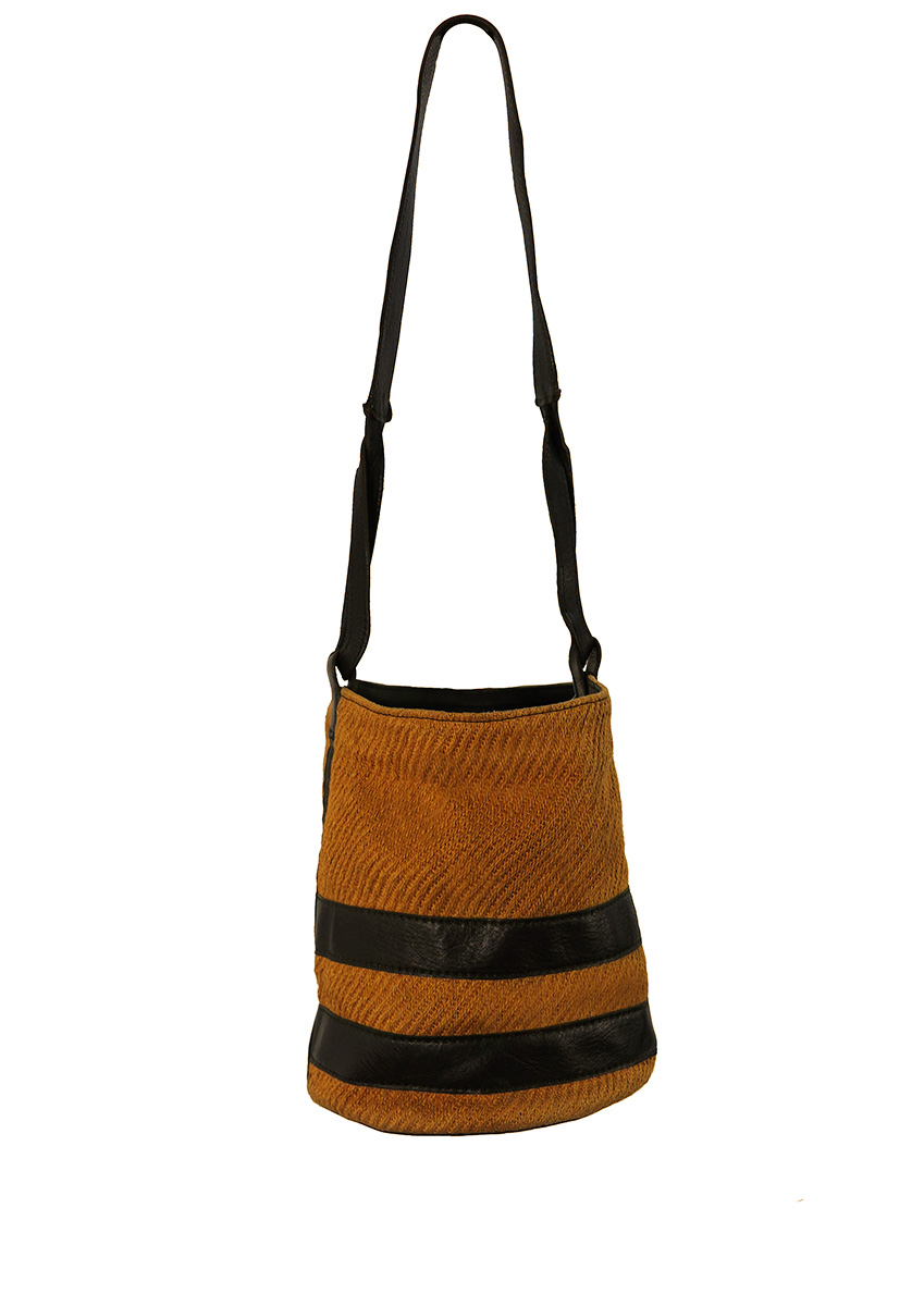 Hessian and Navy Blue Leather Bucket Bag | Reign Vintage