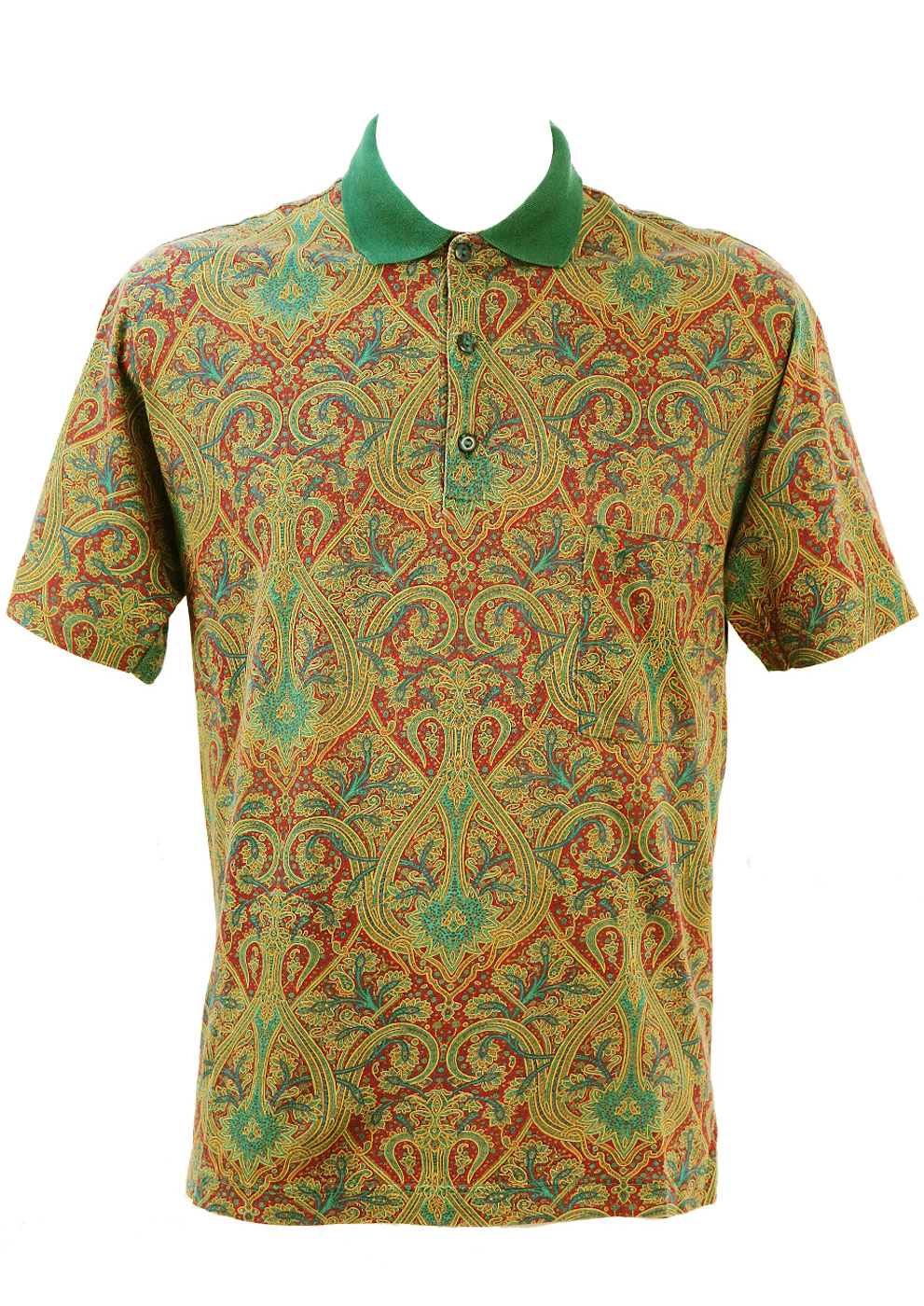 Burgundy, Blue & Ochre Paisley Print Polo Shirt M/L Reign Vintage