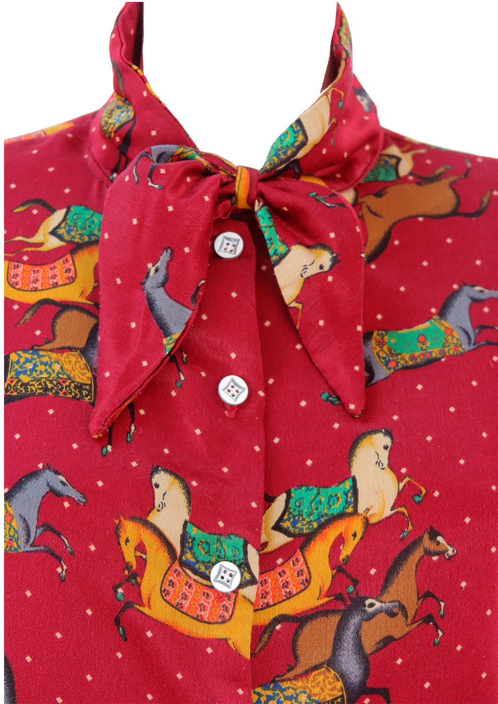 Burgundy Bow Detail Blouse with Folklore Horses Pattern M Reign Vintage