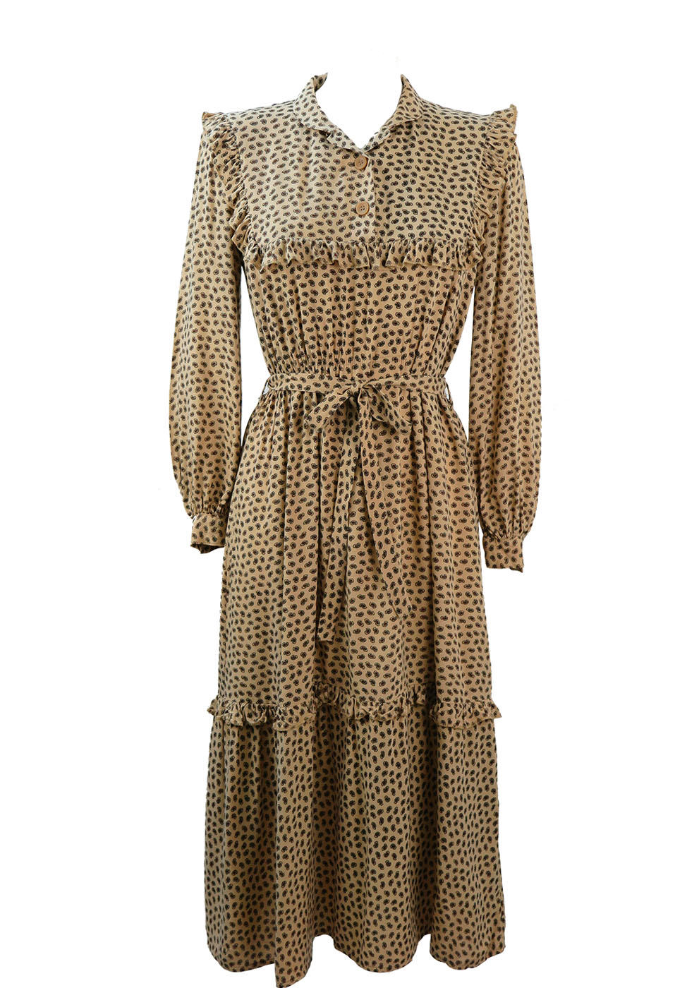 Long Camel Coloured Prairie Dress with Ruffle Detail & Paisley Pattern ...