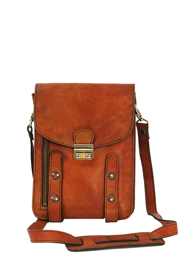 Tan Leather Correspondents Bag with Multi Compartments | Reign Vintage