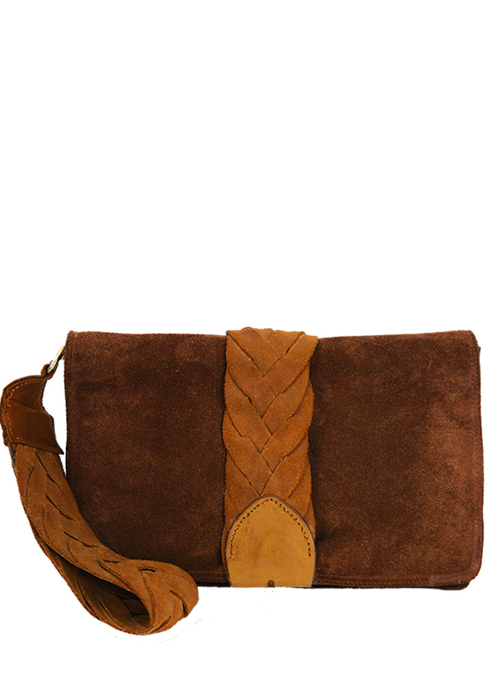 Brown Suede Clutch Bag with Tan Plaited Handle Strap | Reign Vintage