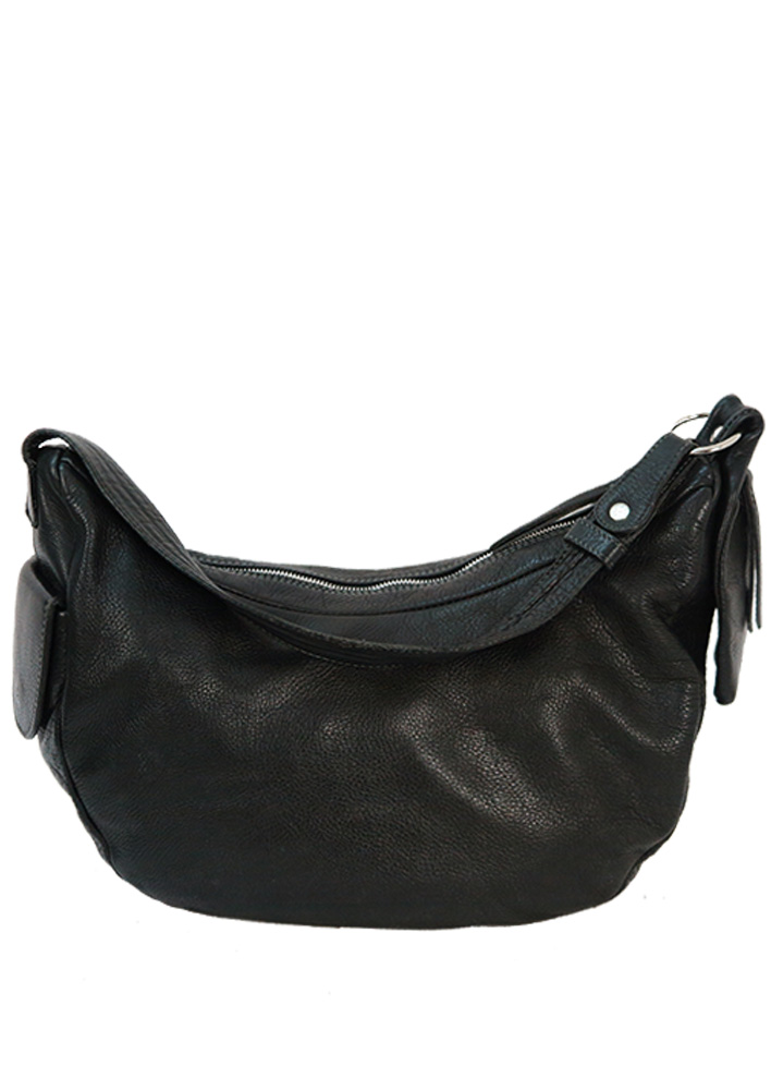 Black Leather Curved Slouch Bag with Zip and Popper Side Pockets ...