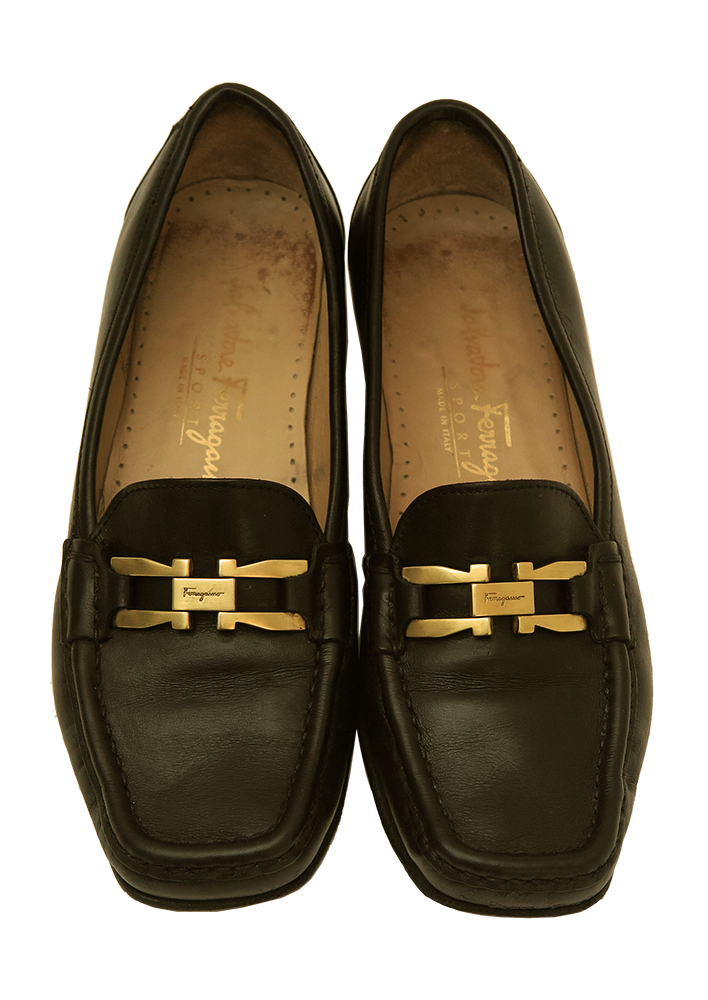 Salvatore Ferragamo Black Leather Loafers with Gold Buckle - UK Size 4. ...