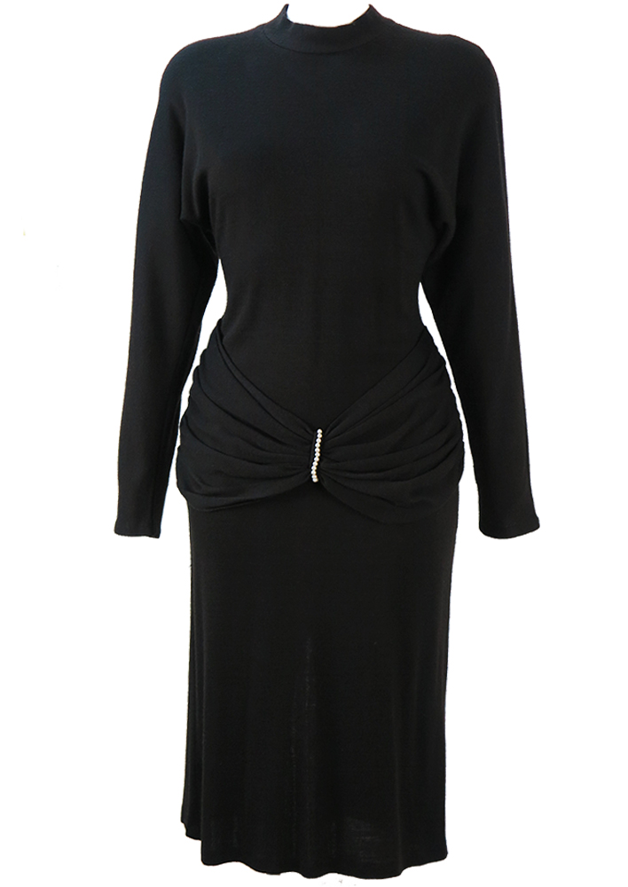 80's Black Batwing Jersey Midi Dress with Gathered Sash Waist & Pearls ...