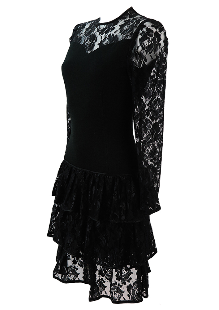 Black Lace & Jersey Drop Waist Evening Dress with 80's Ra Ra Skirt - S ...