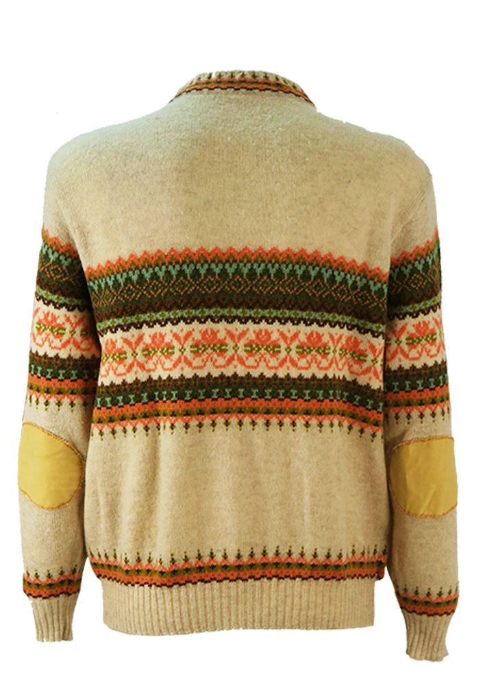 Mottled Cream Knit Jumper with Fair Isle Pattern & Elbow Patches - M/L ...