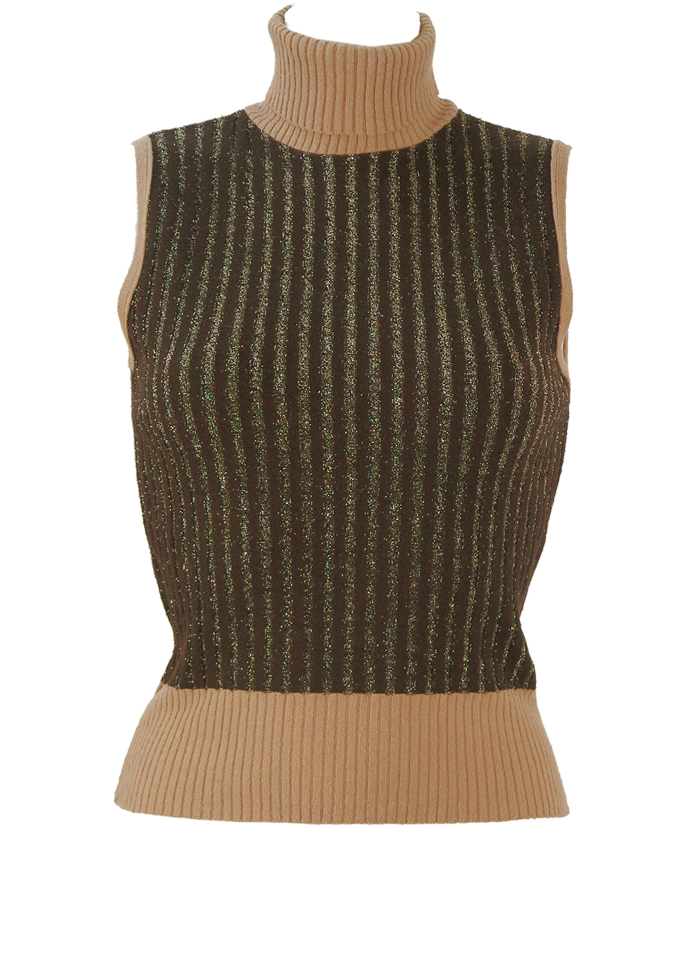 Brown Sleeveless Polo Neck Ribbed Jumper with Metallic Gold Stripes ...