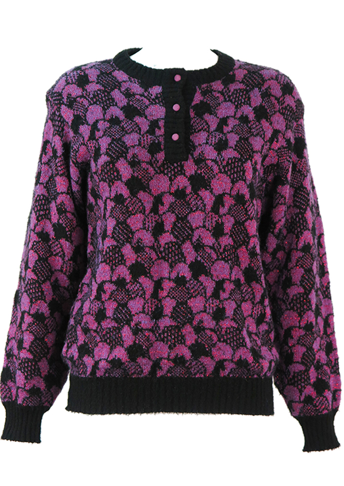 Purple & Black Patterned Knit Jumper with Red Metallic Threads - M ...