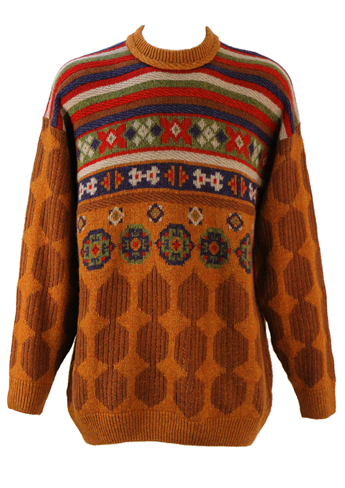 Rich Orange Wool Jumper with Polka Dots & Fair Isle Pattern - XL/XXL | Reign Vintage
