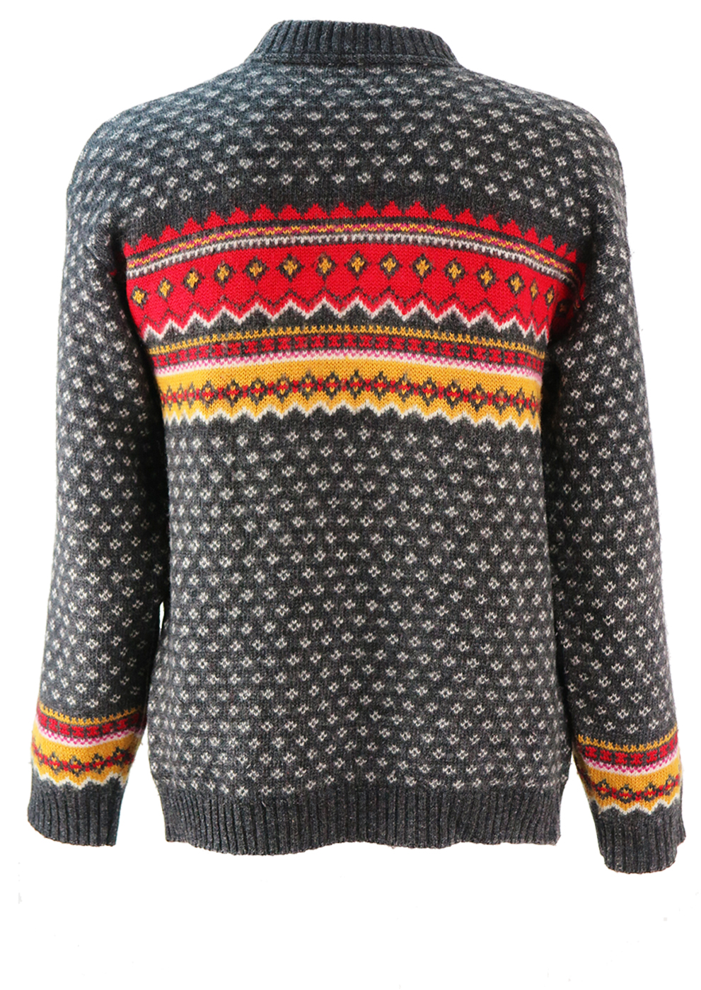Grey Wool Jumper with Red, Yellow & White Fair Isle Pattern - M/L ...