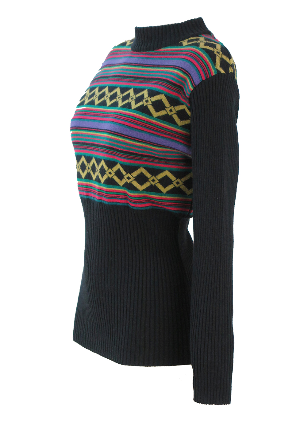 Black Ribbed Jumper with Purple, Lime, Pink & Green Stripe & Diamond ...