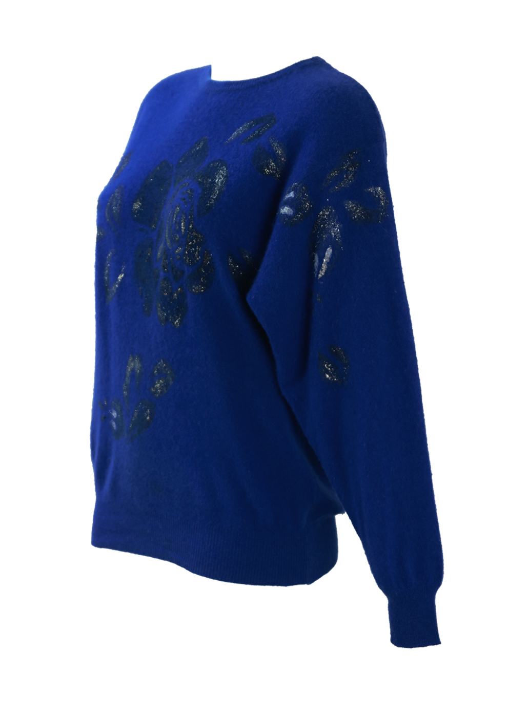 Electric Blue Jumper with Hand Painted Silver Glitter Rose Design - S/M ...