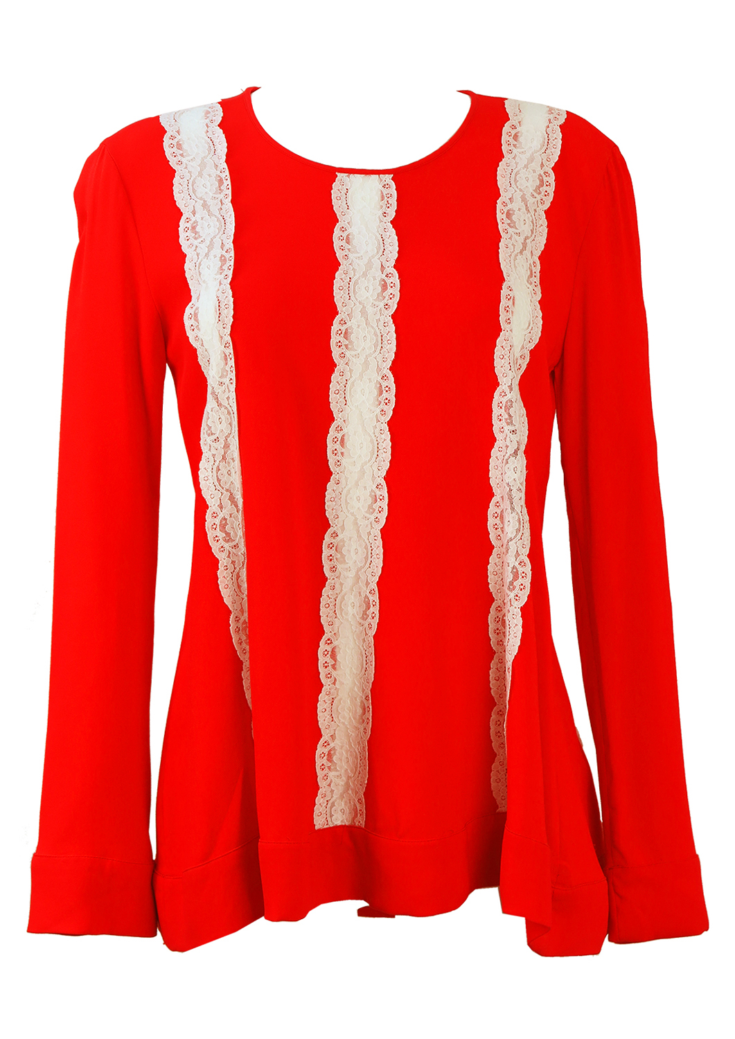 Red Long Sleeved Top with Striped White Lace Detail - M | Reign Vintage