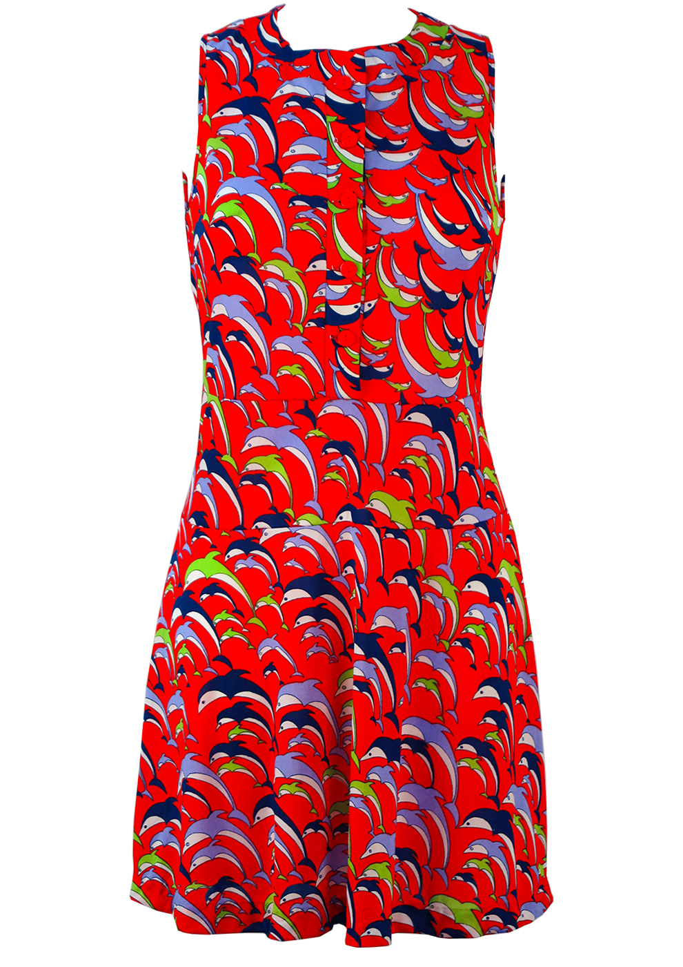 Vintage 1960's Red Mini Dress with Multicoloured Dolphins - XS/S ...