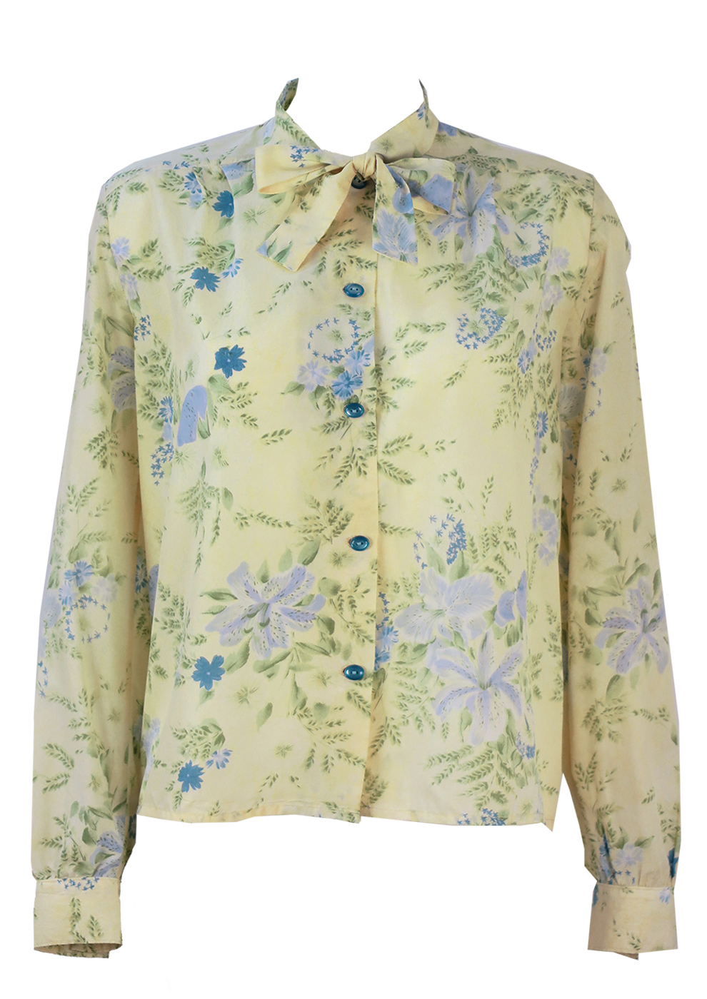 Vintage 70's Pussy Bow Blouse with Delicate Blue & Green Floral Pattern ...