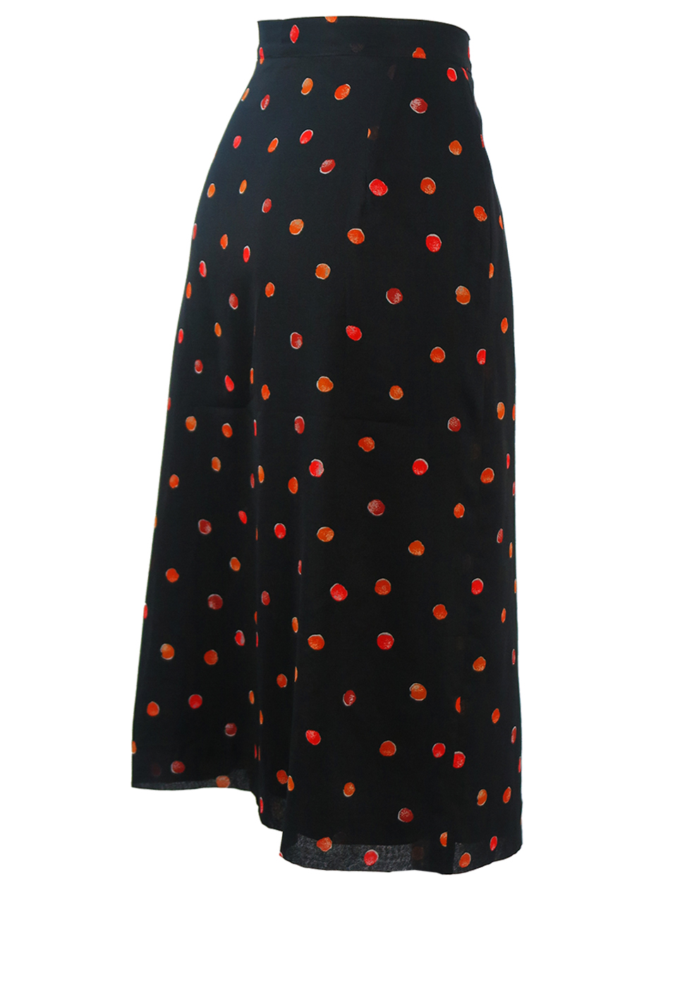 Black Midi Skirt with Red & Orange Abstract Polka Dot Pattern - L ...