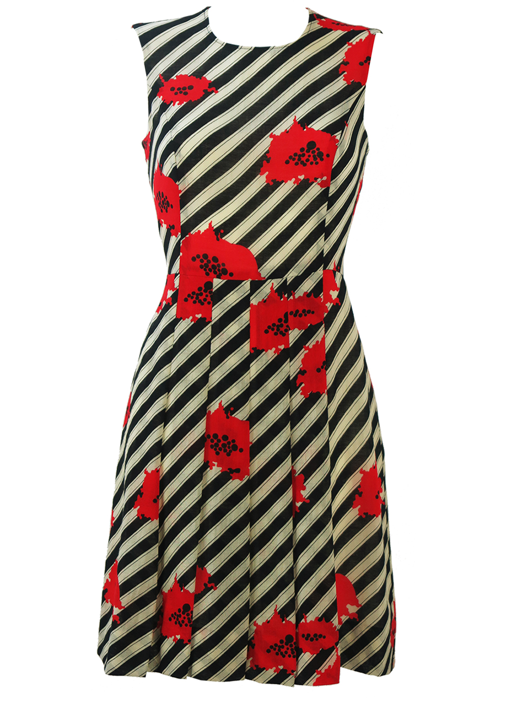 Vintage 60's Black & White Asymmetric Striped Dress with Abstract Poppy ...