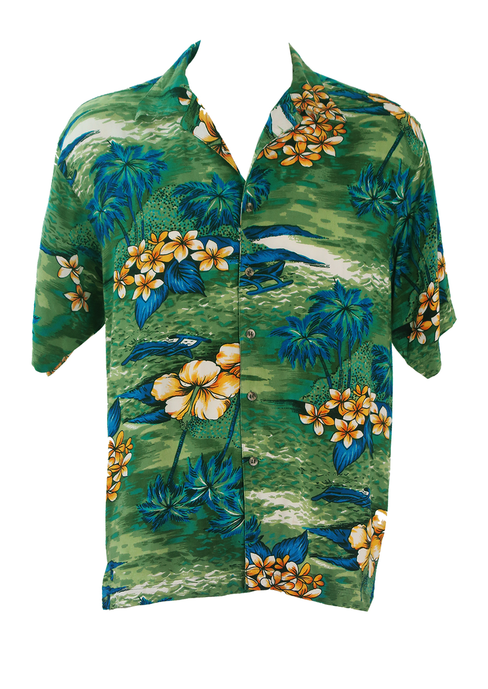 Green Hawaiian Shirt with Yellow Flower & Blue Palm Tree Print - M/L ...