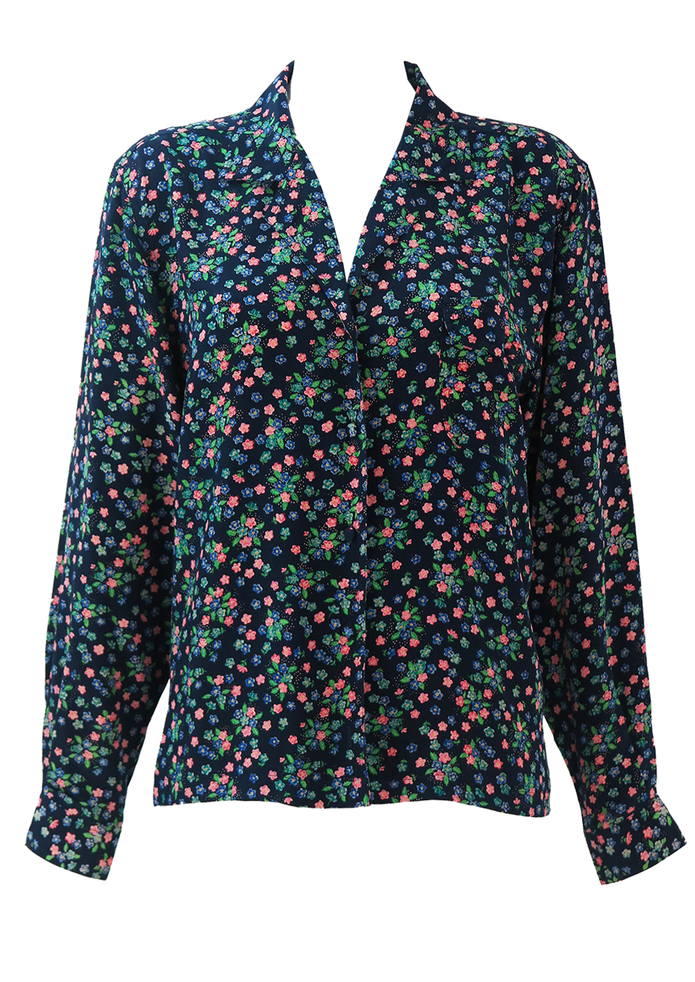 Silk Navy Blue Blouse with Pink, Green & Blue Ditsy Floral Print - L ...