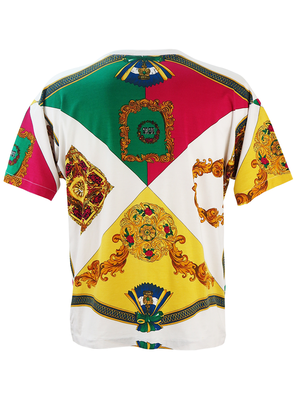 White T-shirt with Ornate Yellow, Pink, Green & Gold Baroque Pattern ...