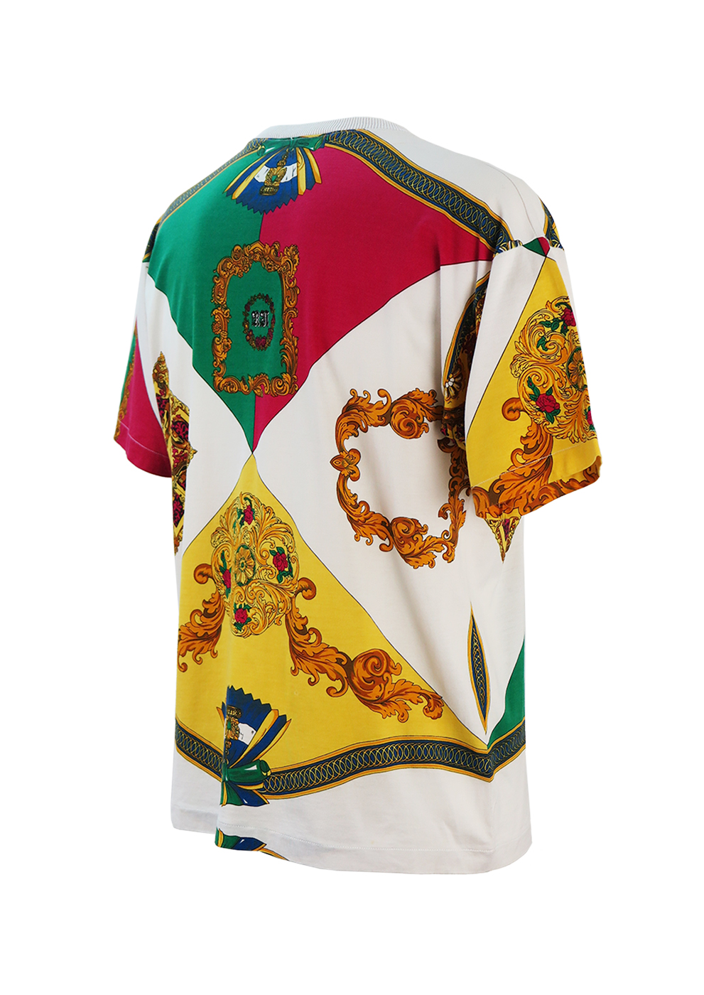 White T-shirt with Ornate Yellow, Pink, Green & Gold Baroque Pattern ...