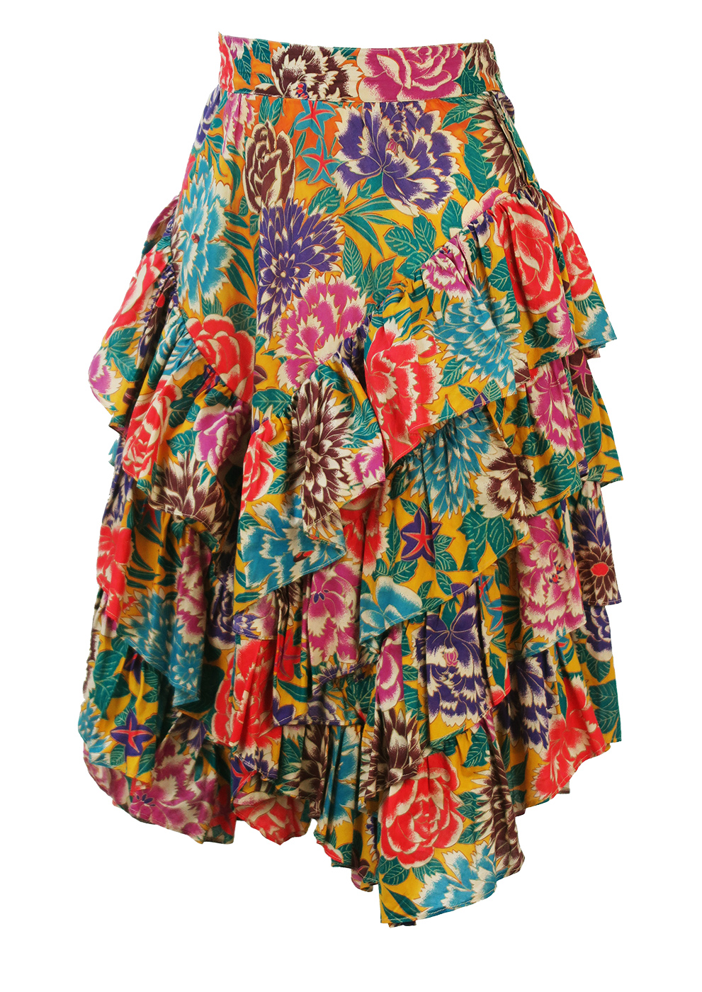 Yellow Knee Length Tiered Ruffle Skirt with Multicoloured Floral ...