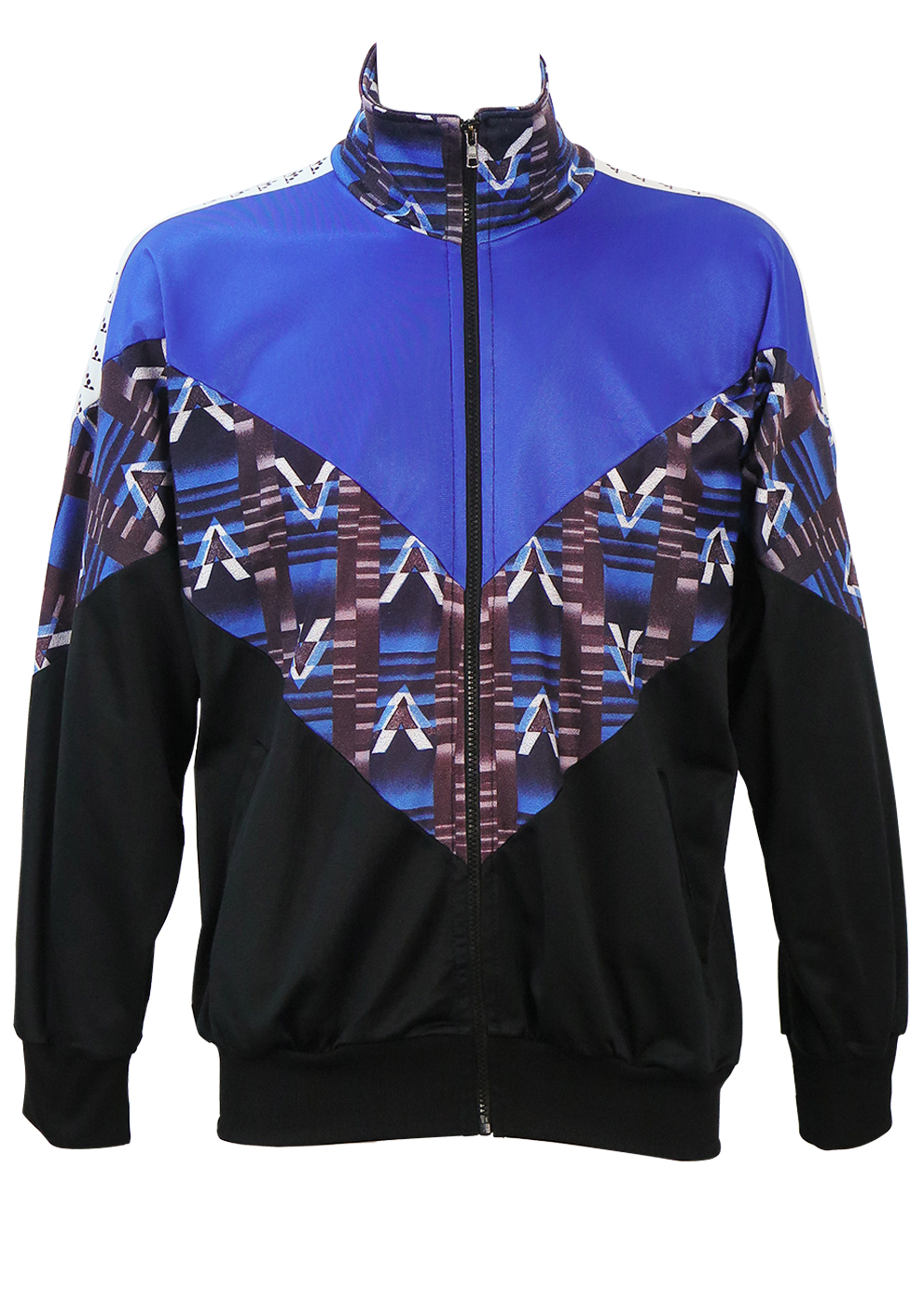 Chevron Striped Track Jacket with Aztec Print in Blue, Brown & Black ...