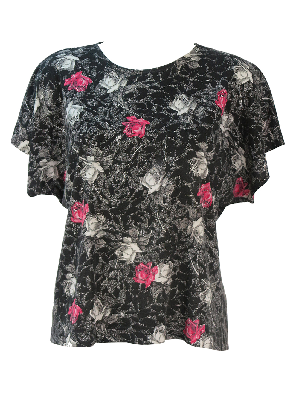 Black Short Sleeve Top with Pink, White & Grey Floral Pattern - M/L ...