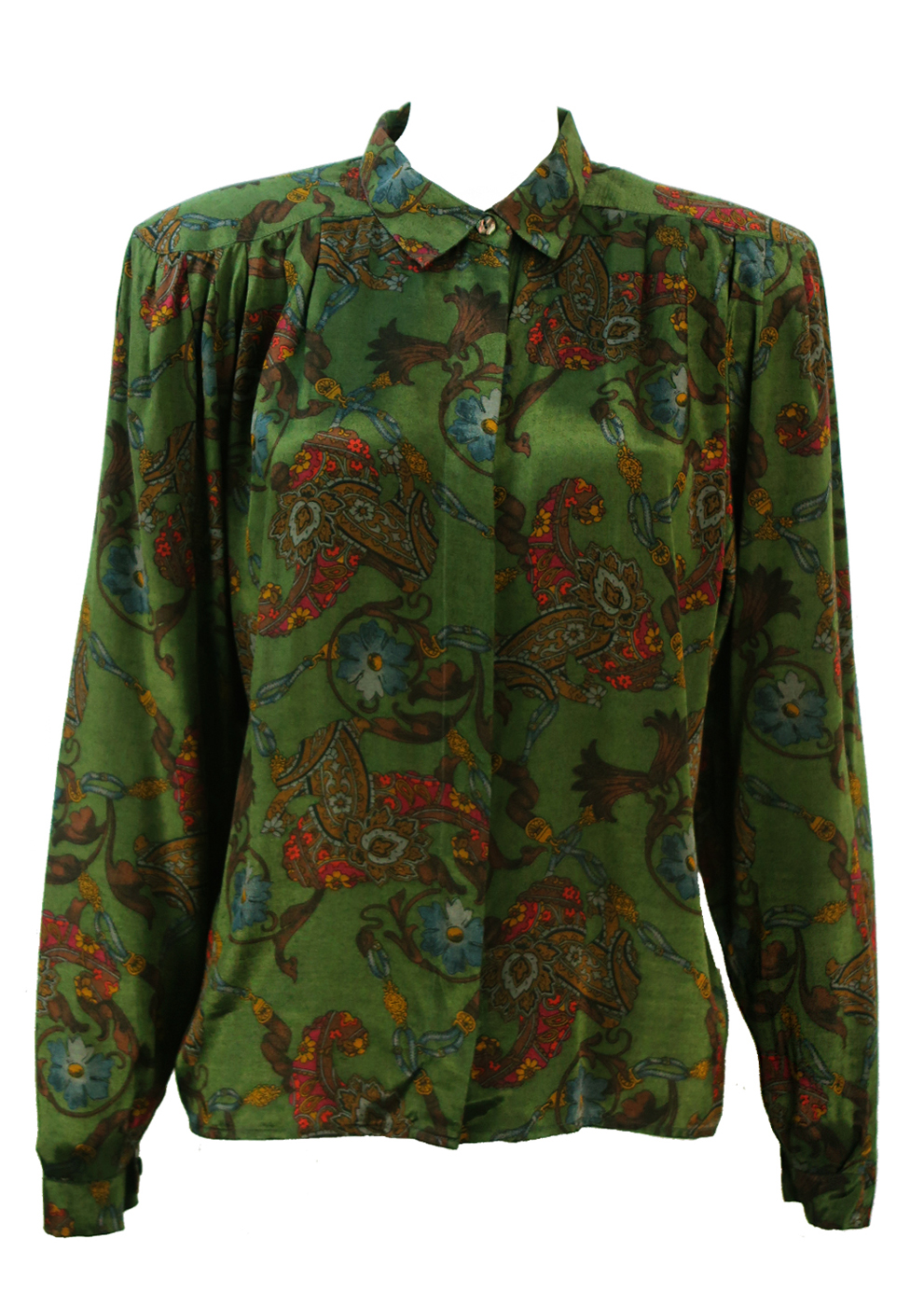 Woodland Green Long Sleeved Blouse with Heraldic Print - L | Reign Vintage