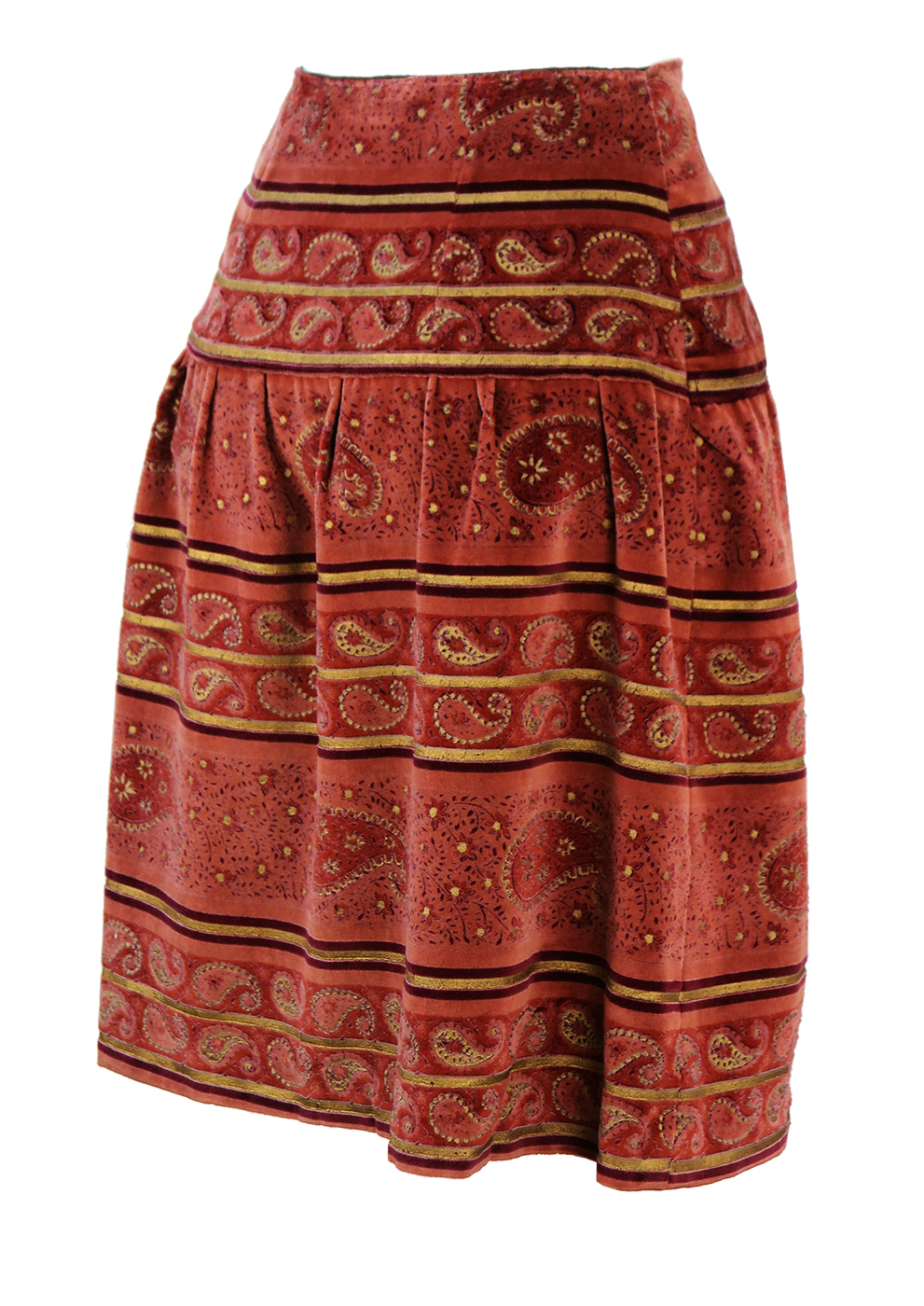 Coral Pink Velvet Knee Length Skirt with Metallic Gold Paisley Print ...