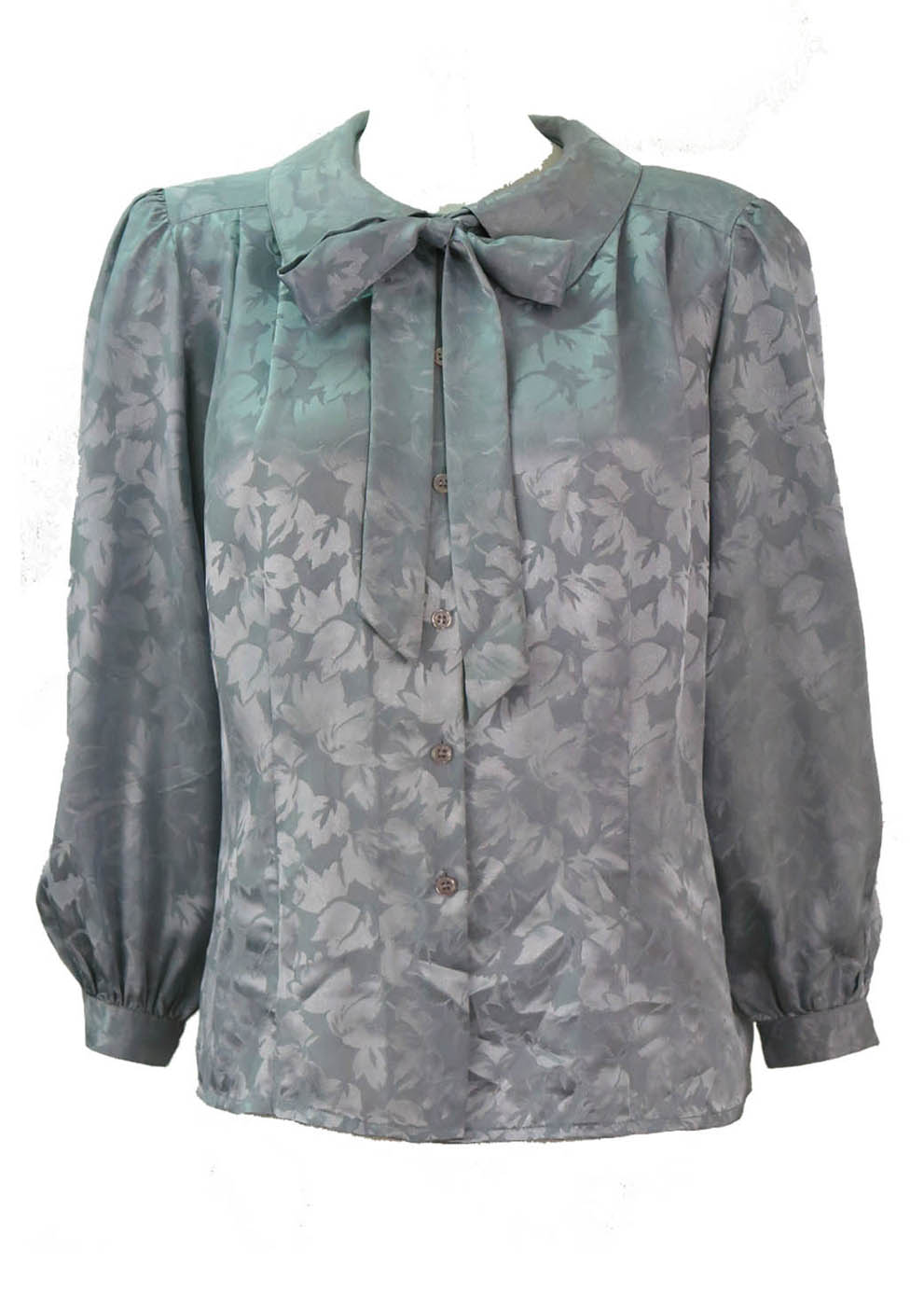 Silver Grey Blouse with Satin Sheen Leaf Pattern & Pussy Bow - L ...