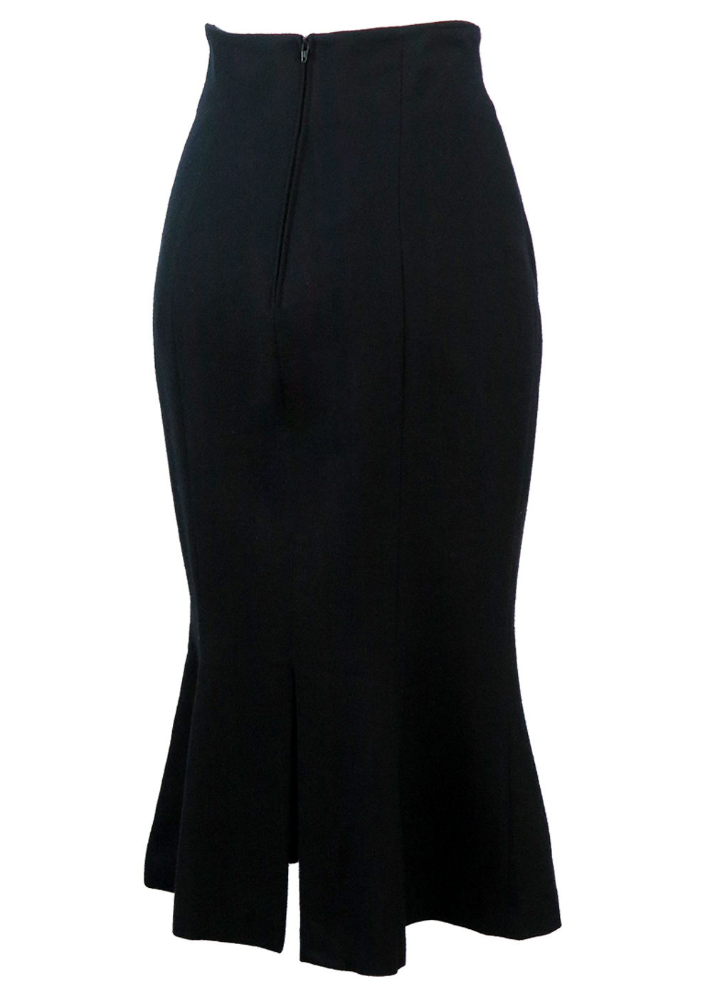 Figure Hugging Black Fishtail Midi Skirt in Pure Wool - S | Reign Vintage